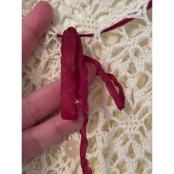 Vintage DKNY Jeans Ivory Crochet Lace Button Up Cardigan With Red Ribbon Tie - Picture 10 of 11